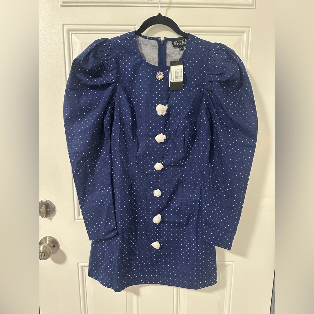 DANIELLE BERNSTEIN Navy Puff Sleeve Mini Dress Small NWT - Picture 3 of 11